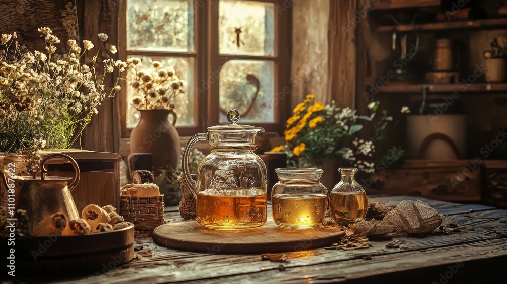 Rustic kitchen with honey jars and floral decor Rustic kitchen with honey jars and floral decor