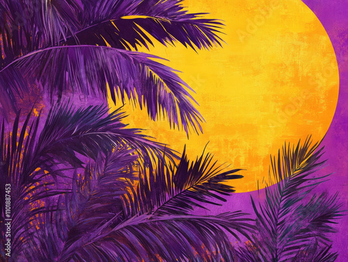 Lush violet and golden yellow tropical sunset, blending vibrant colors to create a breathtaking view