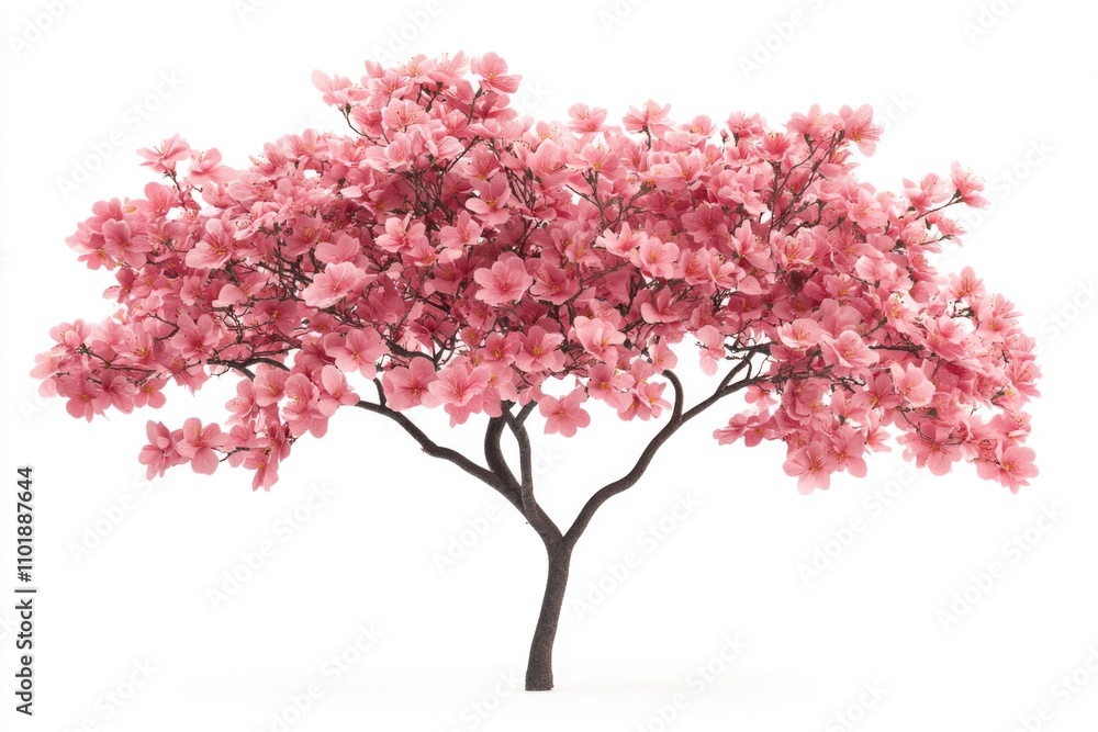 Fototapeta premium A single tree with bright pink flowers blooming against a clean white background