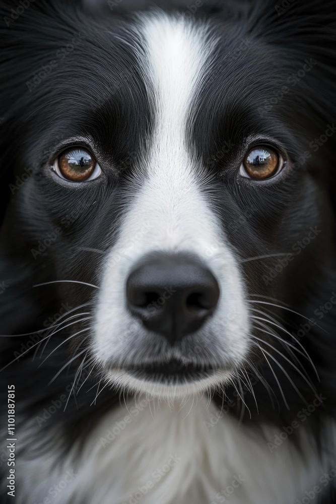 A close-up shot of a black and white dog's face, with its ears and nose prominent A close-up shot of a black and white dog's face, with its ears and nose prominent
