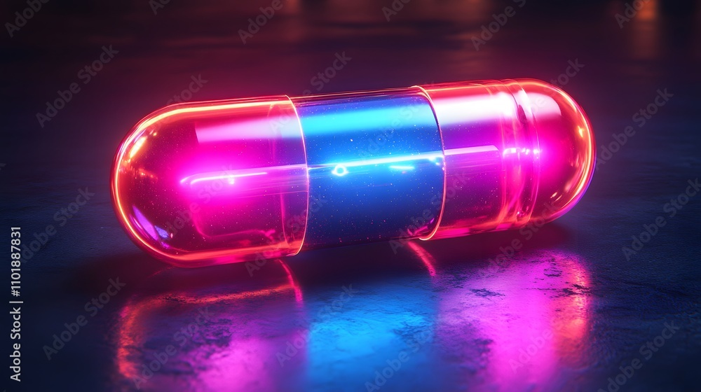 Futuristic glowing neon pill capsule with transparent glass effect, featuring pink and blue gradient holographic effects against dark background in cyberpunk pharmaceutical style. Futuristic glowing neon pill capsule with transparent glass effect, featuring pink and blue gradient holographic effects against dark background in cyberpunk pharmaceutical style.