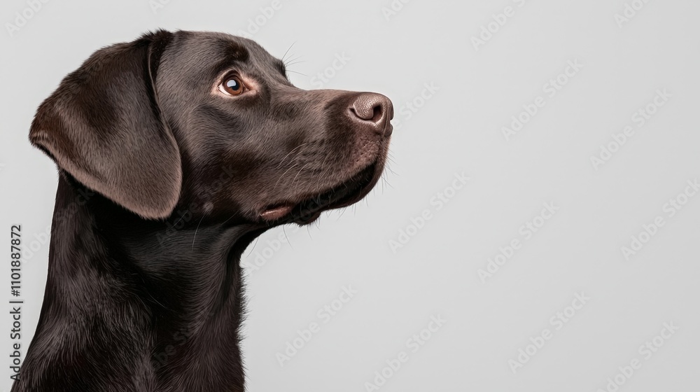 Close-up profile of a chocolate Labrador Retriever looking up against a gray background. Close-up profile of a chocolate Labrador Retriever looking up against a gray background.