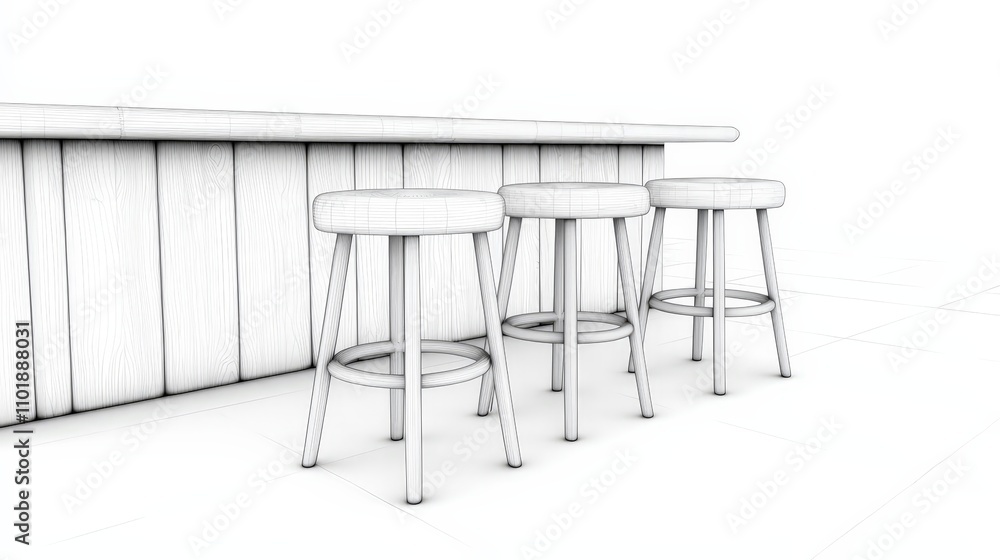 Three wireframe bar stools at a counter. Three wireframe bar stools at a counter.