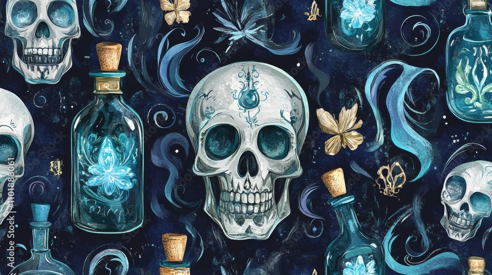 Mystical Skull and Potions Pattern: Dark Fantasy Illustration Mystical Skull and Potions Pattern: Dark Fantasy Illustration