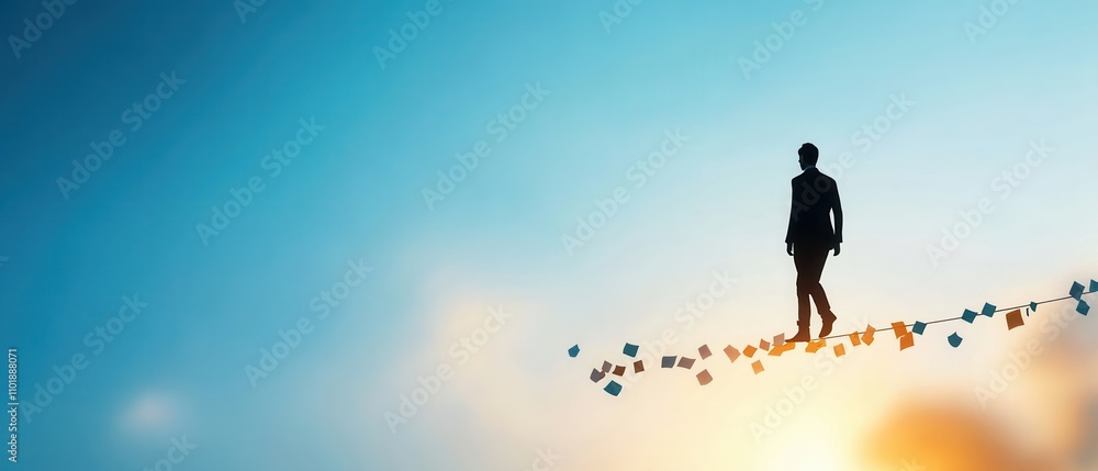 Person balances on tightrope with sunset backdrop and blue sky. Person balances on tightrope with sunset backdrop and blue sky.