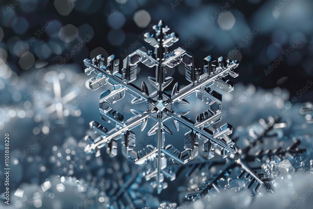 A close-up shot of a single snowflake sitting on a blanket of snow A close-up shot of a single snowflake sitting on a blanket of snow