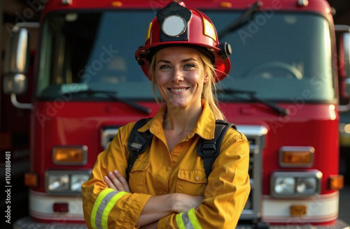 Firefighter smiles while wearing protective gear and standing with arms crossed in front of a fire engine photo