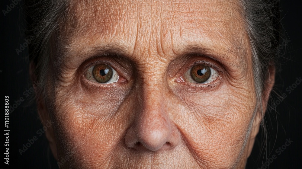 Close-up portrait of an elderly woman's face, showing wrinkles, texture, and expressive eyes. Close-up portrait of an elderly woman's face, showing wrinkles, texture, and expressive eyes.