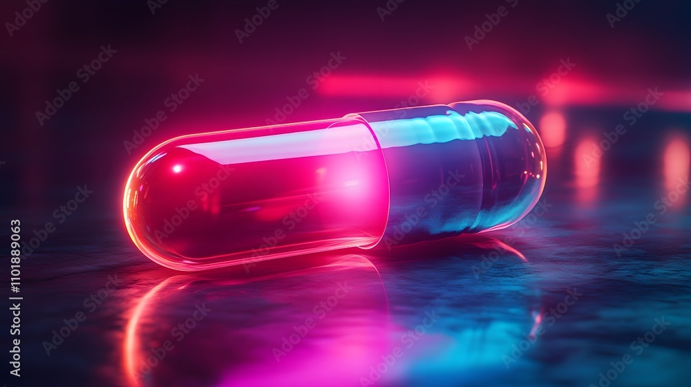 Futuristic glowing neon pill capsule with transparent glass effect, featuring pink and blue gradient holographic effects against dark background in cyberpunk pharmaceutical style. Futuristic glowing neon pill capsule with transparent glass effect, featuring pink and blue gradient holographic effects against dark background in cyberpunk pharmaceutical style.