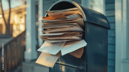 Overflowing mailbox filled with letters and documents creating a sense of disorganization, capturing the essence of busy life and correspondence challenges in a suburban neighborhood. photo