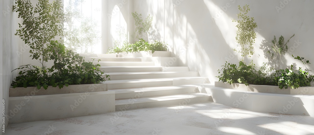 A serene interior space with steps and greenery, emphasizing natural light and tranquility. A serene interior space with steps and greenery, emphasizing natural light and tranquility.