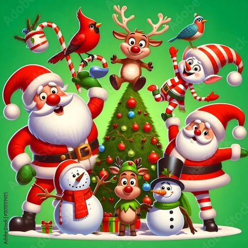 Santa Claus And Elves With A Pile of Christmas Presents