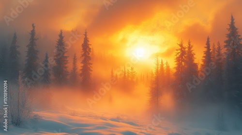 Serene Winter Landscape with Snow-Covered Trees and Golden Sunrise Glowing Through Fog in a Tranquil Natural Setting