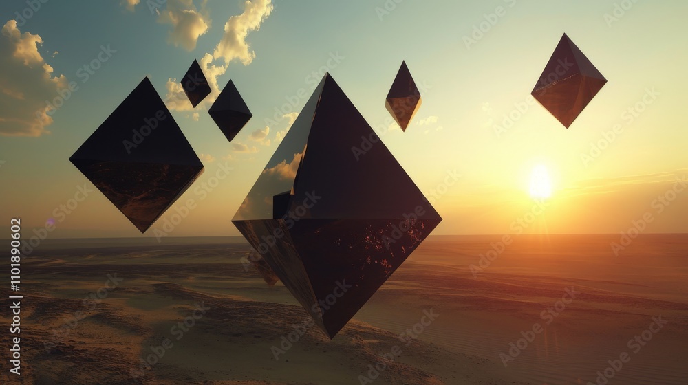 Black, reflective pyramids levitate mysteriously over a barren desert at sunset. The surreal scene, with the warm golden hour light, evokes a sense of mystery and otherworldly tranquility.