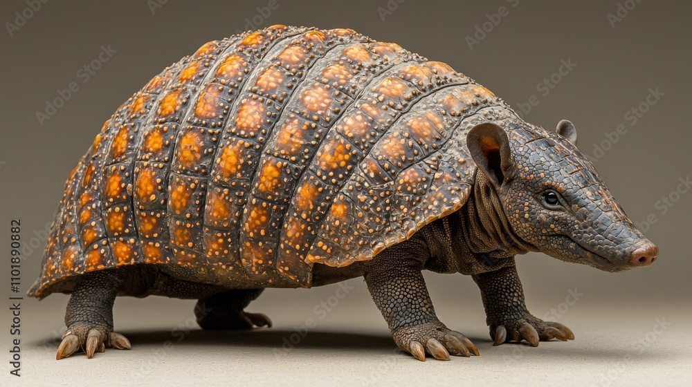 Fototapeta premium Closeup Shot of Curled Up Prehistoric Looking Armadillo With Intricate Scaly Shell