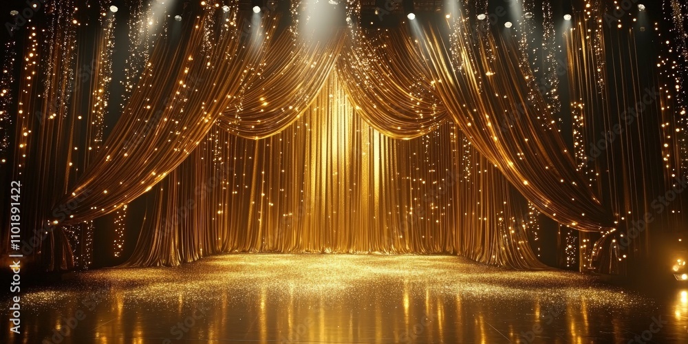 Obraz premium Golden Curtain Backdrop with Shimmering Lights for Events and Shows