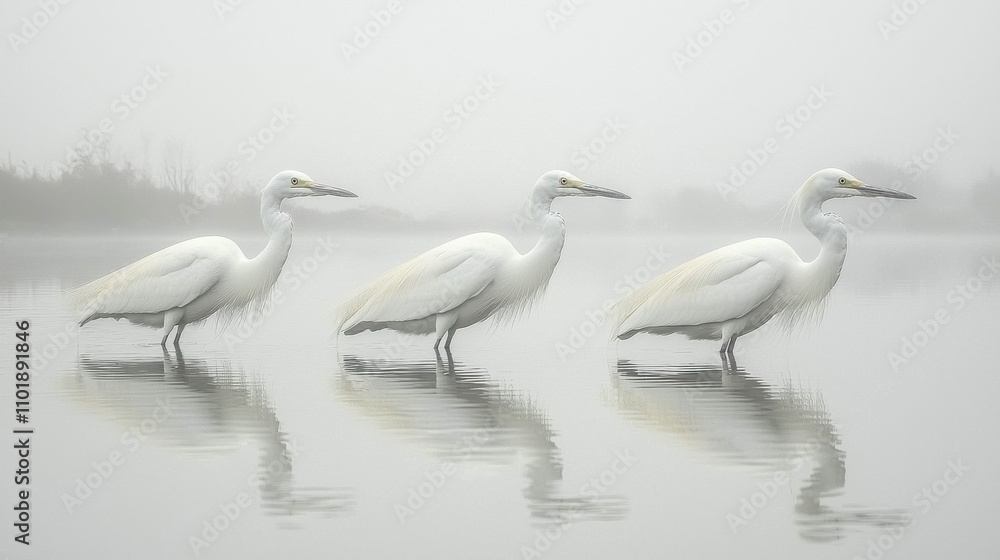 Elegant Trio of Graceful Egrets Wading in Misty Wetland Landscape Elegant Trio of Graceful Egrets Wading in Misty Wetland Landscape