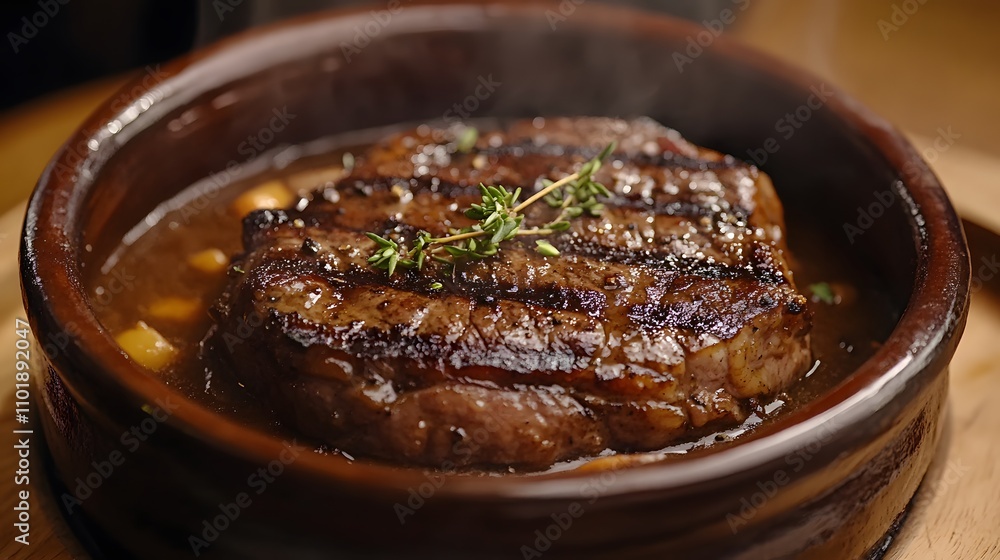 Grilled steak served in rustic clay pot with brown gravy and fresh herbs, photographed with warm lighting on wooden table setting in professional culinary presentation style. Grilled steak served in rustic clay pot with brown gravy and fresh herbs, photographed with warm lighting on wooden table setting in professional culinary presentation style.