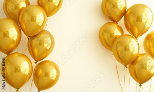 cluster of shiny golden balloons against light background, creating festive atmosphere. Perfect for celebrations and events