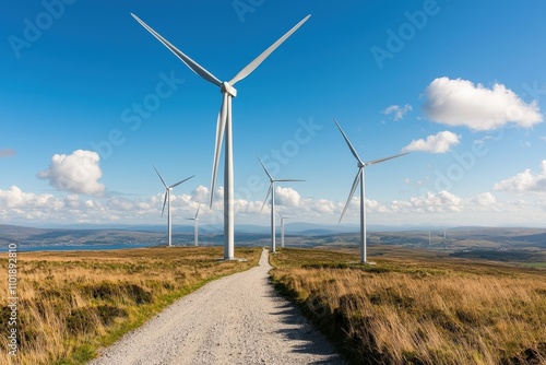 Expansive Landscape with Wind Turbines Under Bright Blue Sky in Scenic Rural Environment Captures the Essence of Renewable Energy and Nature's Beauty