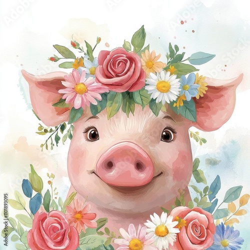 A pig wearing a flower crown with roses, daisies, and greenery