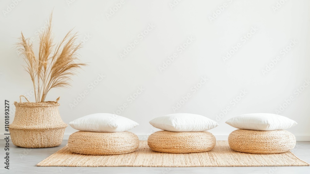 interior design zen accents concept, A serene, minimalist interior featuring three woven poufs with white cushions and a decorative plant in a natural basket. interior design zen accents concept, A serene, minimalist interior featuring three woven poufs with white cushions and a decorative plant in a natural basket.