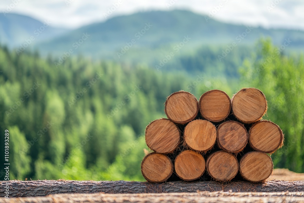 Logs Stacked Neatly in a Scenic Forest Background with Lush Greenery and Mountains Under a Bright Blue Sky, Natural Timber Wood for Sustainable Building or Crafting Projects Logs Stacked Neatly in a Scenic Forest Background with Lush Greenery and Mountains Under a Bright Blue Sky, Natural Timber Wood for Sustainable Building or Crafting Projects