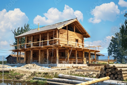 A twostory log cabin under construction, showcasing its wooden frame and foundation against a sunny sky.