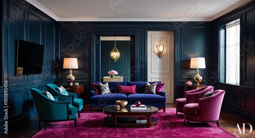 Deep jewel tones paired with dark wood paneling and soft lighting