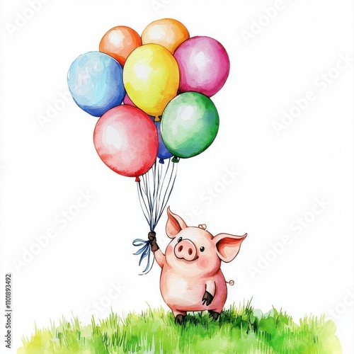 A playful pig holding colorful balloons, standing on a grassy field