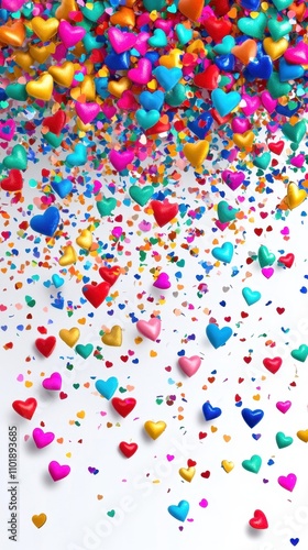 A Shower of Colorful 3D Hearts Falling on White Background: Festive Celebration of Love and Joy