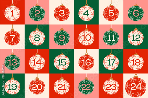 Advent calendar with christmas ball vector illustration. Holiday design for present, gift, challenges and social media.