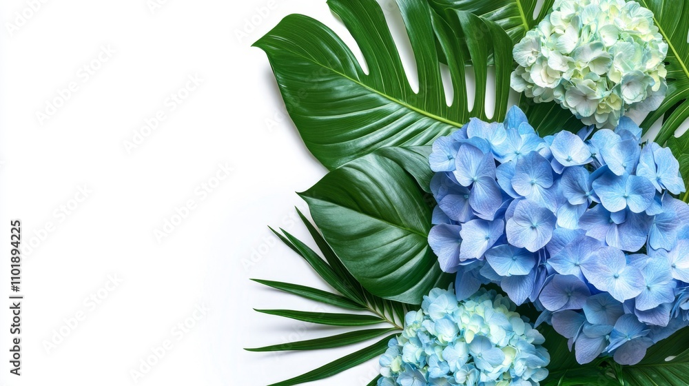 Fototapeta premium Blue Hydrangea and Chrysanthemum flowers with tropical green leaves Monstera and philodendron plant bush, floral arrangement nature wedding backdrop isolated on white background