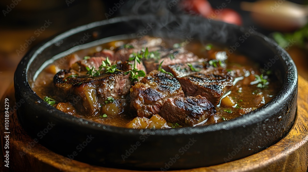 Grilled steak served in rustic clay pot with brown gravy and fresh herbs, photographed with warm lighting on wooden table setting in professional culinary presentation style. Grilled steak served in rustic clay pot with brown gravy and fresh herbs, photographed with warm lighting on wooden table setting in professional culinary presentation style.
