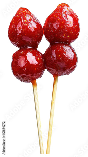 Strawberry coated with sugar, Tanghulu, PNG, Isolated on Transparent Background