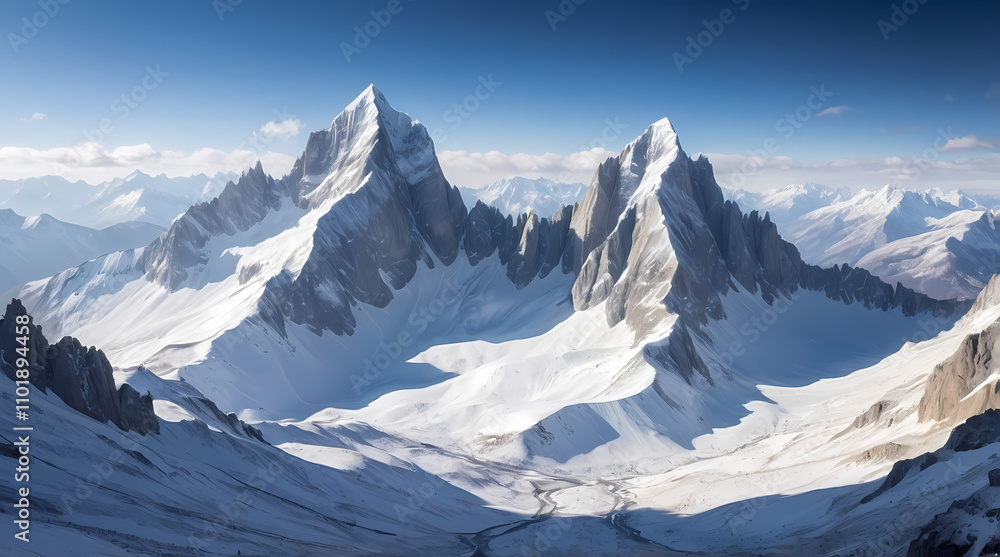 Stunning mountain range with snow-capped peaks and clear blue skies showcasing a breathtaking winter landscape Stunning mountain range with snow-capped peaks and clear blue skies showcasing a breathtaking winter landscape