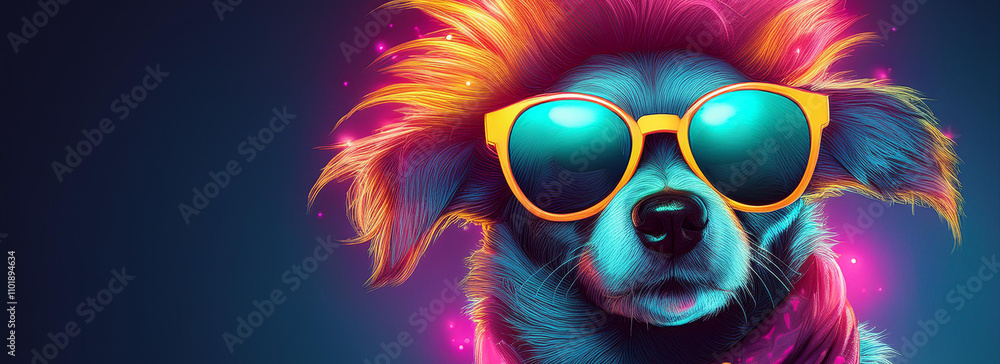 Dog wearing stylish sunglasses smiles radiantly in a 3D vintage illustration Dog wearing stylish sunglasses smiles radiantly in a 3D vintage illustration