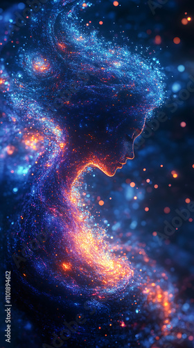 Abstract silhouette merges with swirling blue and purple gradients, neon streams of thought weaving through floating orbs and curves, evoking cosmic hope and meditative transcendence.