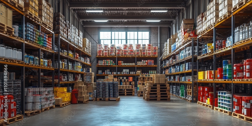 Fototapeta premium Large Warehouse Interior With High Stacked Shelves and Products