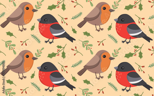 Colorful background with cute robin bird, bullfinch and plants. Seamless pattern with winter birds and green branches