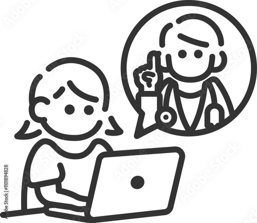 ノートパソコンで、オンライン診療を受ける女性のアイコン（線画）のイラスト
