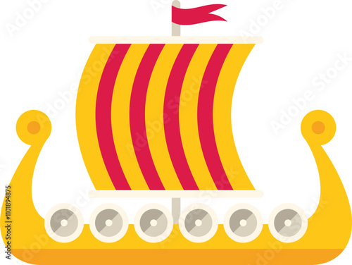 Cartoon viking longship with a red and yellow striped sail is sailing to a new land