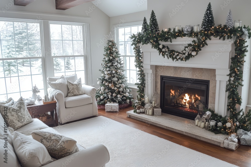 Fototapeta premium White fireplace with decorated Christmas trees and garlands, creating an elegant festive atmosphere in the living room. Holiday, cozy, seasonal decor.