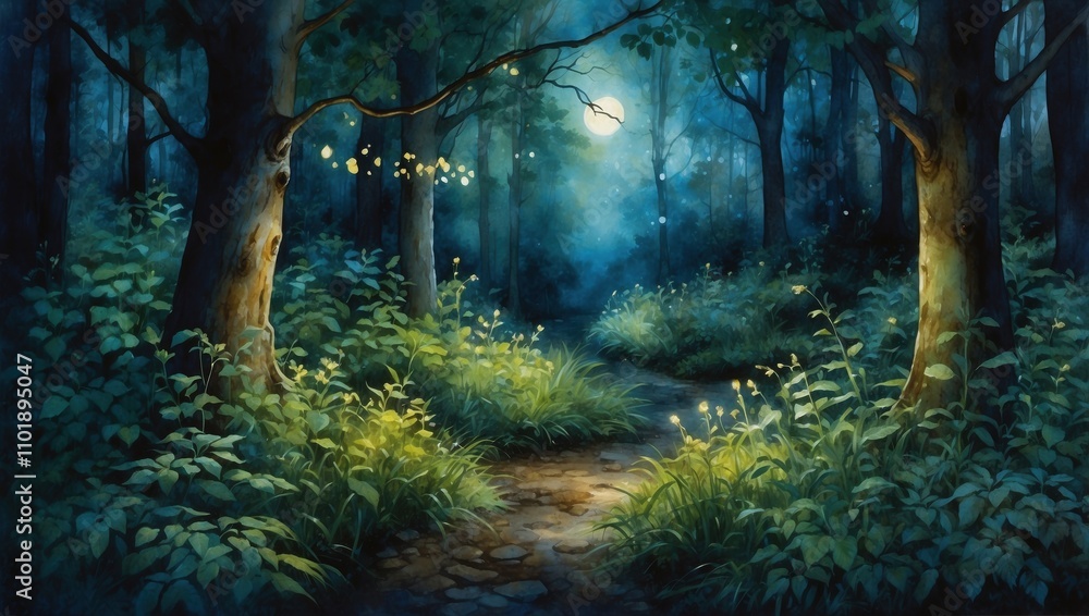 Enchanted forest by moonlight in a dark fairy tale atmosphere Enchanted forest by moonlight in a dark fairy tale atmosphere