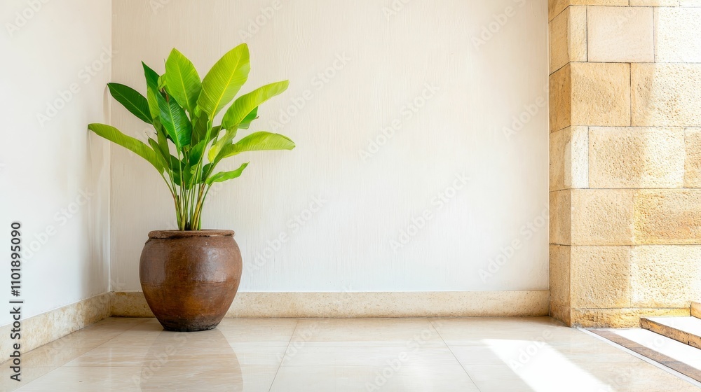 interior design zen accents concept, A serene indoor space featuring a green plant in a brown pot, set against a light-colored wall and tiled floor. interior design zen accents concept, A serene indoor space featuring a green plant in a brown pot, set against a light-colored wall and tiled floor.