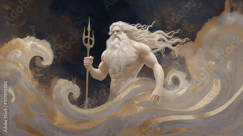 Poseidon rises from the churning ocean, his powerful form illuminated against dark skies. Holding a trident, he commands the wild waves, embodying the raw force of the sea. photo