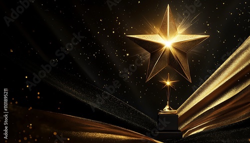 A star-themed golden trophy shining brightly against a dramatic black and gold backdrop