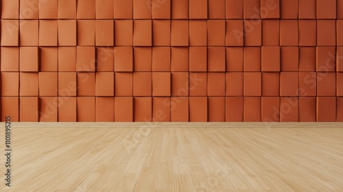 Wallpaper Mural Acoustic tile soundproof. A modern interior featuring a textured orange wall made of square panels and a light wooden floor. Torontodigital.ca