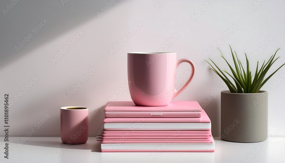 A minimalist workspace features a stack of pink notebooks a cup of coffee and a few persona_1(393) A minimalist workspace features a stack of pink notebooks a cup of coffee and a few persona_1(393)