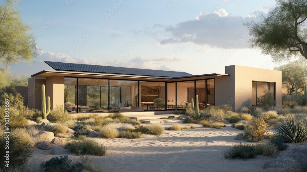 Fototapeta premium Modern desert home with solar panels, sustainable living